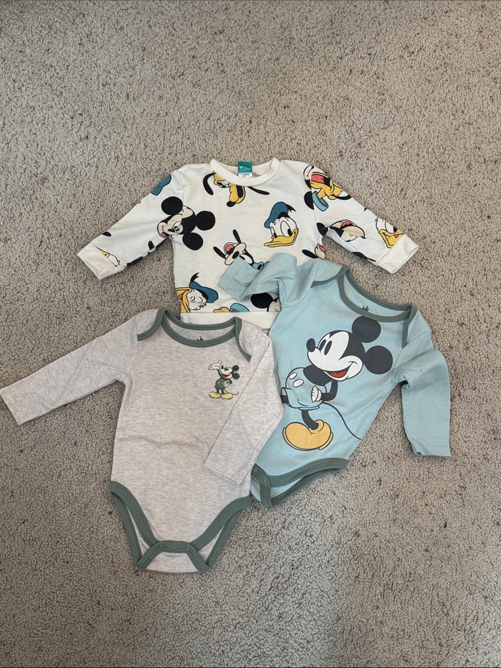 Disney Baby Mickey & Friends Long-Sleeve One-Piece Set - Blue, Light Gray, Cream